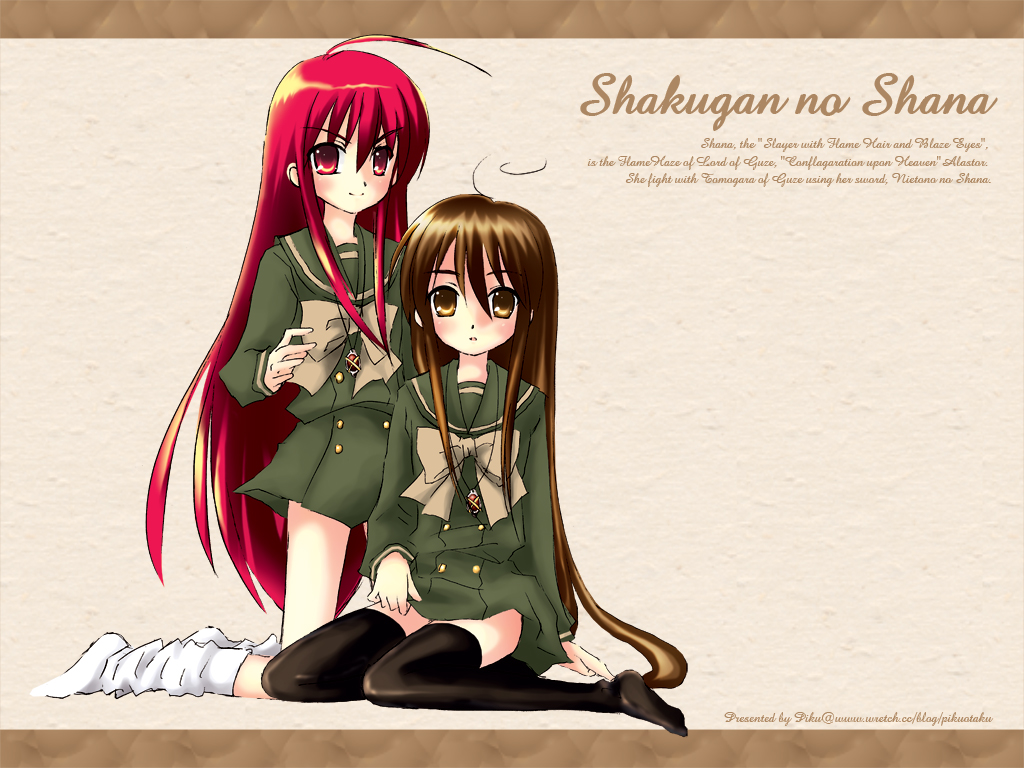 2girls alastor_(shakugan_no_shana) brown_eyes brown_hair dual_persona jewelry long_hair multiple_girls pendant piku red_eyes redhead school_uniform serafuku shakugan_no_shana shana thigh-highs wallpaper