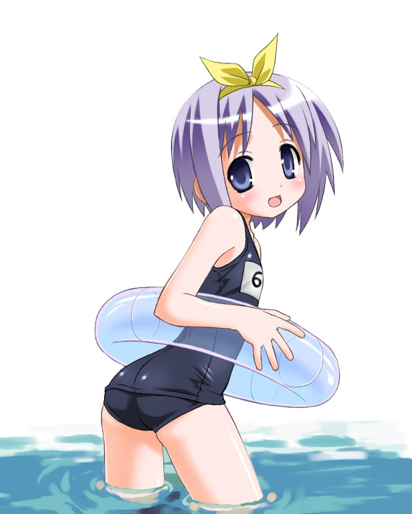 1girl blue_eyes blue_hair hiiragi_tsukasa innertube looking_at_viewer lucky_star name_tag one-piece_swimsuit partially_submerged school_swimsuit solo swimsuit umekichi