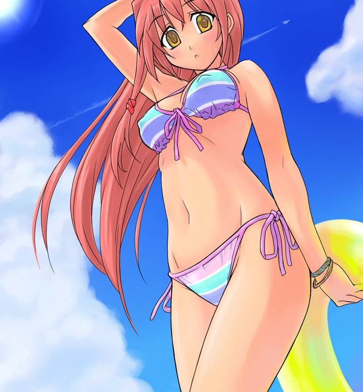 1girl :o aircraft airplane bikini blush bracelet breasts clouds condensation_trail erect_nipples front-tie_top innertube itoji jet jewelry long_hair looking_at_viewer medium_breasts midriff original pink_hair side-tie_bikini sky solo striped swimsuit yellow_eyes