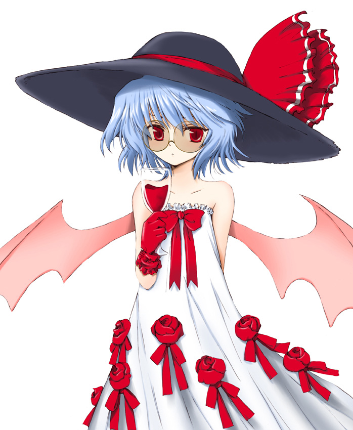 1girl alternate_costume arm_behind_back ascot bare_shoulders bat_wings bespectacled blue_hair bow cup dress drink female flower glass glasses gloves hat hat_ribbon marugoshi_(54burger) red_eyes red_gloves red_rose remilia_scarlet ribbon rose short_hair slit_pupils solo sun_hat sundress sunglasses touhou wine_glass wings