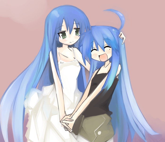 2girls age_difference ahoge bare_shoulders blue_hair dress green_eyes hand_holding izumi_kanata izumi_konata long_hair lucky_star mole mother_and_daughter multiple_girls tank_top what_if