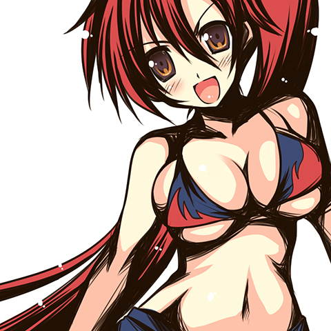 1girl bikini bikini_top breasts cleavage large_breasts long_hair lowres navel open_mouth ponytail redhead solo swimsuit tajima_yoshikazu tengen_toppa_gurren_lagann under_boob very_long_hair yoko_littner