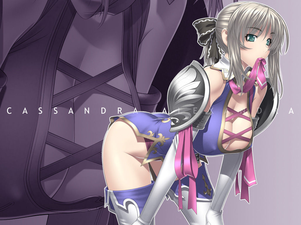 1girl aqua_eyes ass bangs blonde_hair bow breasts cassandra_alexandra character_name cleavage elbow_gloves gloves hair_bow huge_breasts kansuke leaning_forward mouth_hold necktie pink_necktie pink_ribbon ribbon solo soul_calibur soulcalibur_iv thigh-highs tied_hair wallpaper white_gloves zoom_layer