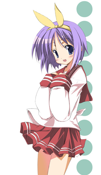 1girl :d blue_eyes blue_hair cowboy_shot hiiragi_tsukasa long_sleeves looking_at_viewer lucky_star miniskirt open_mouth own_hands_together pink_hair pleated_skirt red_skirt sailor_collar school_uniform sen_(astronomy) serafuku short_hair simple_background skirt smile solo white_background