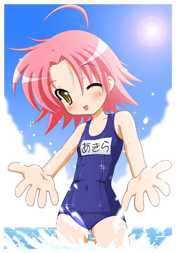 1girl kogami_akira lucky_star name_tag one-piece_swimsuit redhead school_swimsuit solo swimsuit yellow_eyes