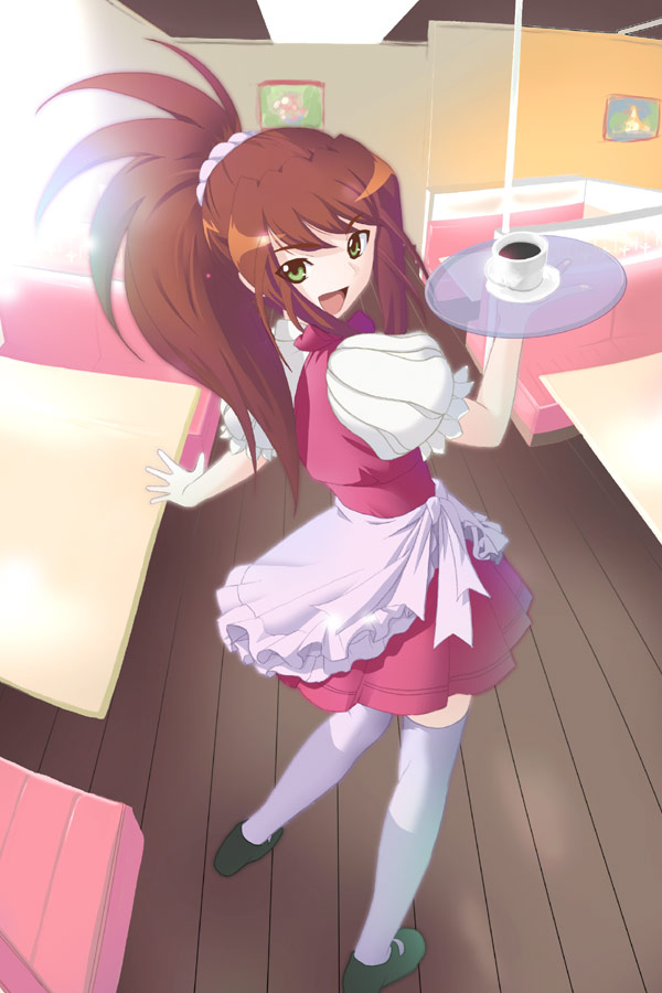 00s 1girl :d brown_hair cup from_above from_behind green_eyes holding holding_tray houmitsu looking_at_viewer looking_back my-hime open_mouth ponytail scrunchie smile solo sugiura_midori teacup thigh-highs tray waitress white_legwear zettai_ryouiki