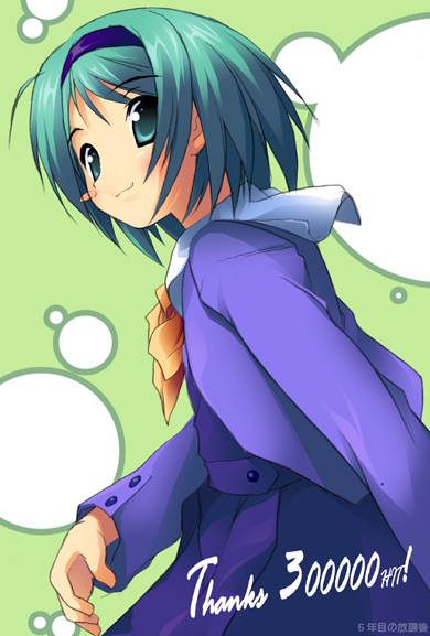 1girl ahoge aqua_eyes blush blush_stickers buttons green_background green_eyes green_hair hairband hits kantoku long_sleeves looking_at_viewer short_hair simple_background smile solo thank_you to_heart_2 upper_body yoshioka_chie