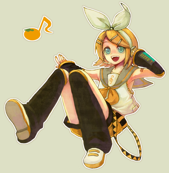 1girl arm_warmers blonde_hair blue_eyes hair_ornament hair_ribbon hairclip hand_on_headphones headphones headset kagamine_rin leg_warmers musical_note nail_polish open_mouth orange_nails quaver ribbon sailor_collar short_hair shorts simple_background solo treble_clef vocaloid yellow_nails yonko