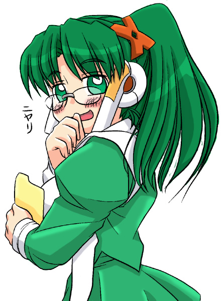 1girl blush folder glasses green_eyes green_hair hair_ornament holding homeko os-tan robot_ears smirk solo xp_home-tan xphome