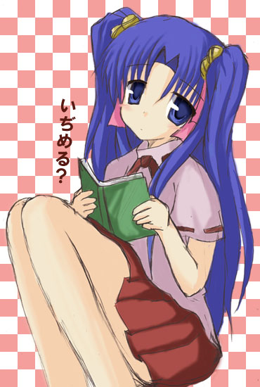 1girl aoba_kozue bell blue_eyes blue_hair book checkered checkered_background holding holding_book konno_natsume long_hair mahoraba open_book pleated_skirt school_uniform serafuku sitting skirt solo translated twintails