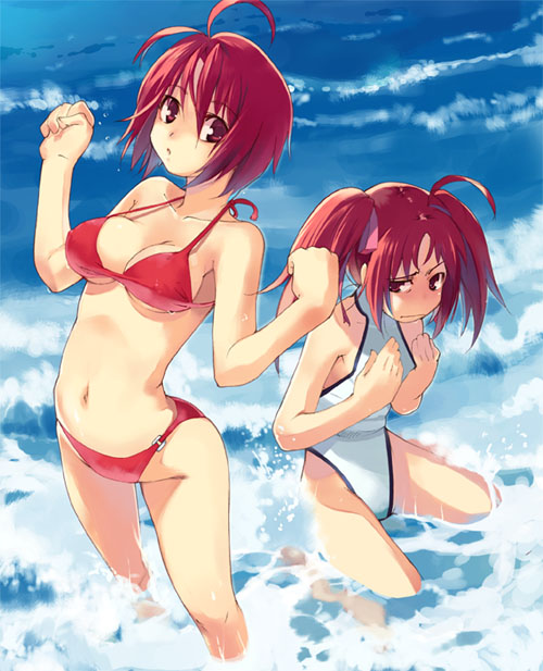 00s 2girls ahoge beach bikini breast_envy breasts casual_one-piece_swimsuit g_yuusuke gundam gundam_seed gundam_seed_destiny halterneck kneeling lunamaria_hawke meyrin_hawke multiple_girls navel one-piece_swimsuit red_eyes redhead sea_spray short_hair siblings sisters sitting string_bikini swimsuit twintails wading wariza water white_swimsuit