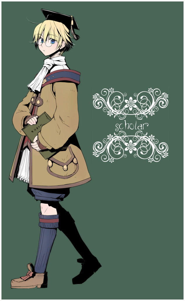 1girl bangs blue_eyes blue_legwear book closed_mouth coat cravat final_fantasy final_fantasy_xi frown glasses green_background hat holding holding_book hume kneehighs long_sleeves looking_at_viewer round_glasses scholar shoes short_hair shorts simple_background solo tassel text toroshio walking