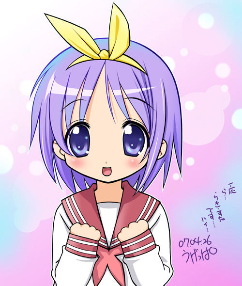 1girl :d blue_eyes blue_hair bow clenched_hands hair_bow hairband hiiragi_tsukasa looking_at_viewer lucky_star neckerchief open_mouth pink_hair school_uniform serafuku short_hair smile solo text ugeppa upper_body