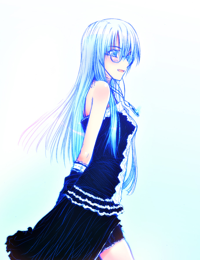 1girl arms_behind_back blue_eyes blue_hair blush glasses gothic jewelry long_hair necklace original pendant puyo solo