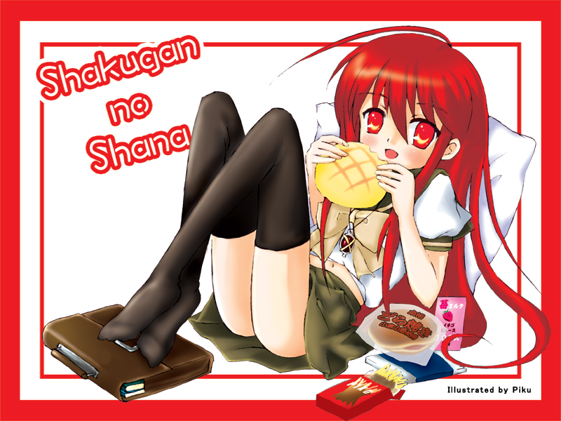 1girl alastor_(shakugan_no_shana) bag bread food jewelry melon_bread pendant piku pillow pocky red_eyes redhead school_bag school_uniform serafuku shakugan_no_shana shana thigh-highs zettai_ryouiki