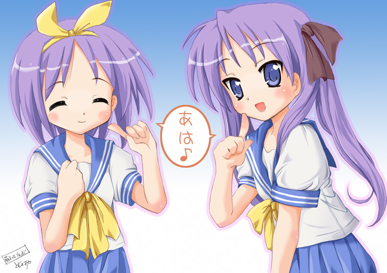 2girls :d ^_^ blue_background blue_eyes blue_hair blue_skirt bow bowtie closed_eyes hair_ribbon hiiragi_kagami hiiragi_tsukasa index_finger_raised looking_at_viewer lucky_star multiple_girls open_mouth pleated_skirt puffy_short_sleeves puffy_sleeves ribbon school_uniform serafuku shirt short_sleeves siblings sidelocks simple_background sisters skirt smile tomusooya twins twintails v white_shirt yellow_bow yellow_bowtie