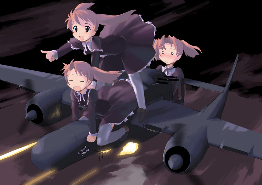 3girls airplane blush brown_hair firing implied_pantyshot jiji mecha_musume motion_blur multiple_girls muzzle_flash open_mouth original p-61_black_widow pointing straddling twintails world_war_ii