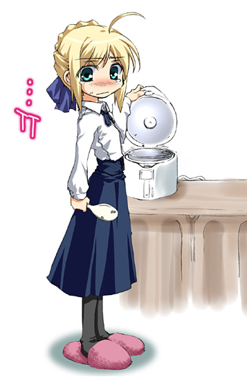 1girl ahoge black_legwear blonde_hair blouse braid fate/stay_night fate_(series) pantyhose rice rice_cooker rice_spoon saber slippers solo tears thigh-highs