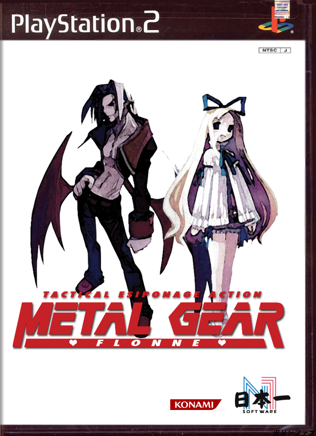 1boy 1girl 4chan abs bow coat cover demon_wings disgaea flonne full_body game_cover hair_bow hand_on_hip legs long_hair looking_at_viewer metal_gear_(series) metal_gear_solid mid-boss mid-boss_(disgaea) mid_boss nippon_ichi parody smile standing very_long_hair video_game wings