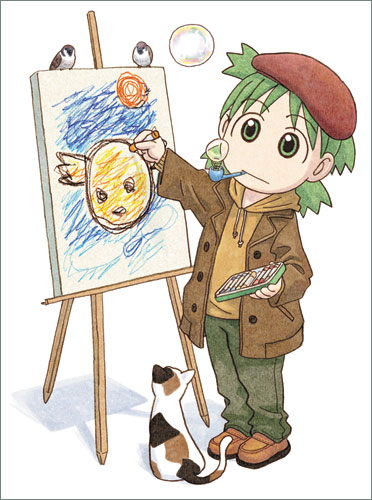 00s 1girl azuma_kiyohiko beret bird bubble bubble_blowing canvas canvas_(object) cat child child_drawing crayon easel green_eyes green_hair hat koiwai_yotsuba looking_at_viewer lowres ninin_ga_shinobuden onsokumaru pipe quad_tails short_hair simple_background soap_bubbles solo white_background yotsubato!