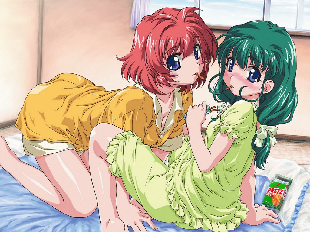 00s 2girls all_fours bed blue_eyes blush green_hair long_hair looking_at_viewer low-tied_long_hair miyafuji_miina multiple_girls nightgown onegai_twins onodera_karen pajamas pink_hair pocky redhead tied_hair