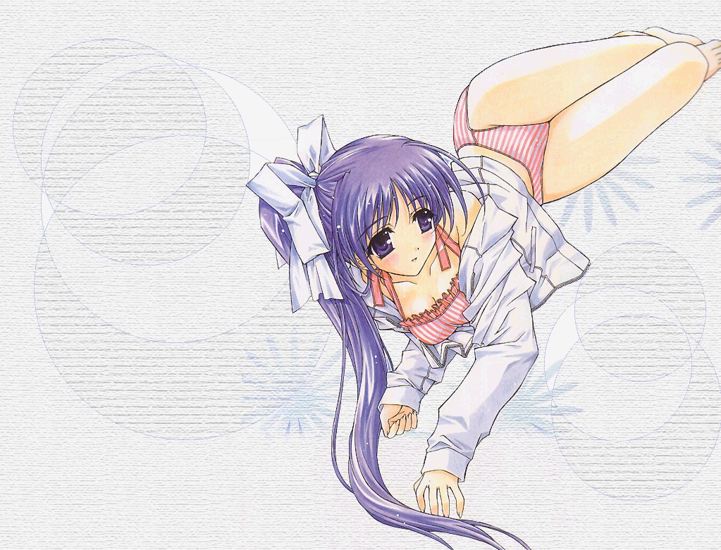 00s 1girl blue_eyes blue_hair blush hasumi_eran itou_noemi lingerie long_hair lying on_side purple_hair side_ponytail solo underwear violet_eyes wallpaper with_you