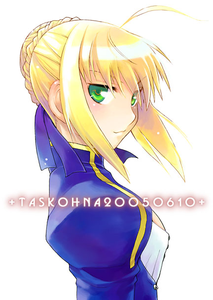 1girl :3 ahoge blonde_hair fate/stay_night fate_(series) green_eyes looking_at_viewer profile ribbon saber sidelocks solo task_owner
