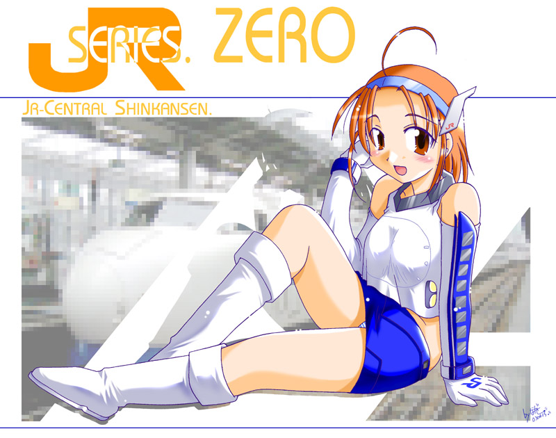 1girl ahoge blush boots brown_eyes elbow_gloves gloves mascot miniskirt nagase_takeshi orange_hair original panties pantyshot personification shinkansen short_hair signature sitting skirt solo striped striped_panties train train_station underwear upskirt