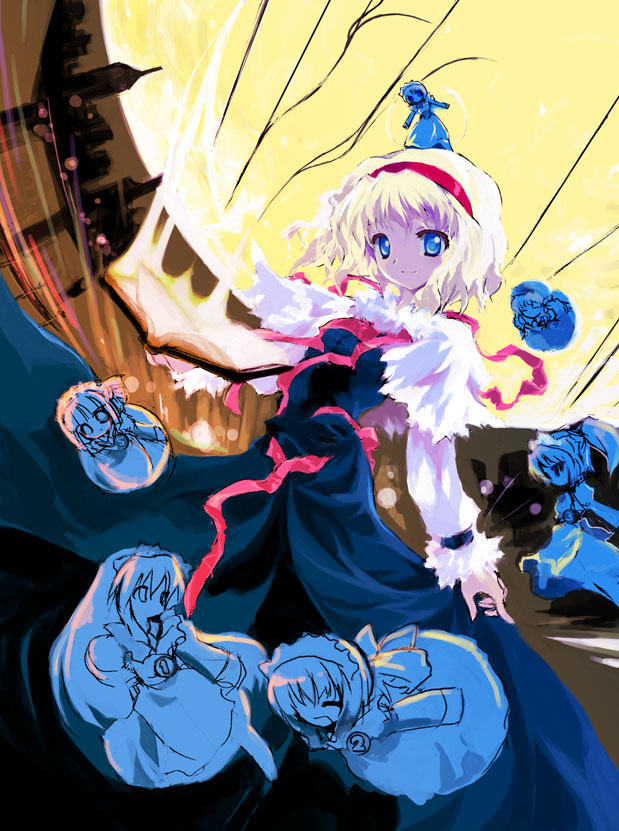 1girl alice_margatroid blonde_hair blue_eyes capelet doll female flying hairband hourai_doll looking_at_viewer moon object_on_head ribbon shanghai_doll smile solo touhou
