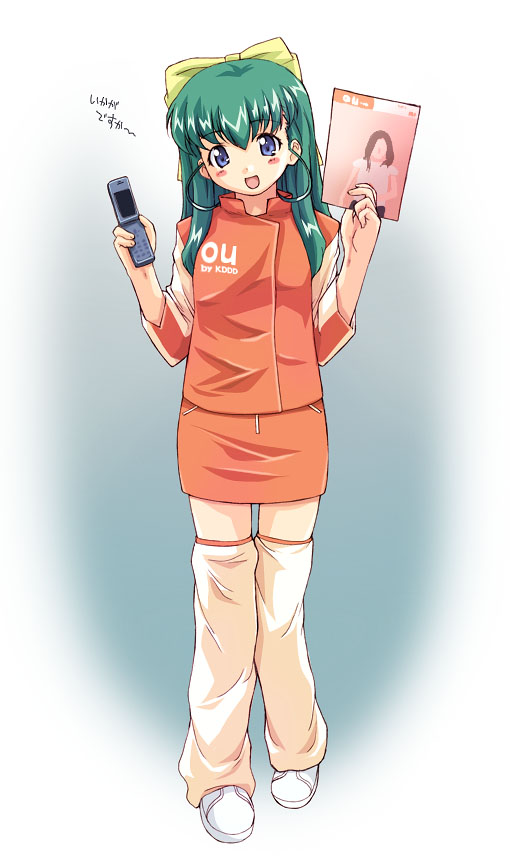 00s 1girl blue_eyes blush bow cellphone footwear gradient gradient_background green_hair hagiya_masakage leg_warmers loose_socks onegai_twins onodera_karen orange_legwear phone photo_(object) shoes skirt sneakers socks solo standing thigh-highs thigh_gap thighs zettai_ryouiki