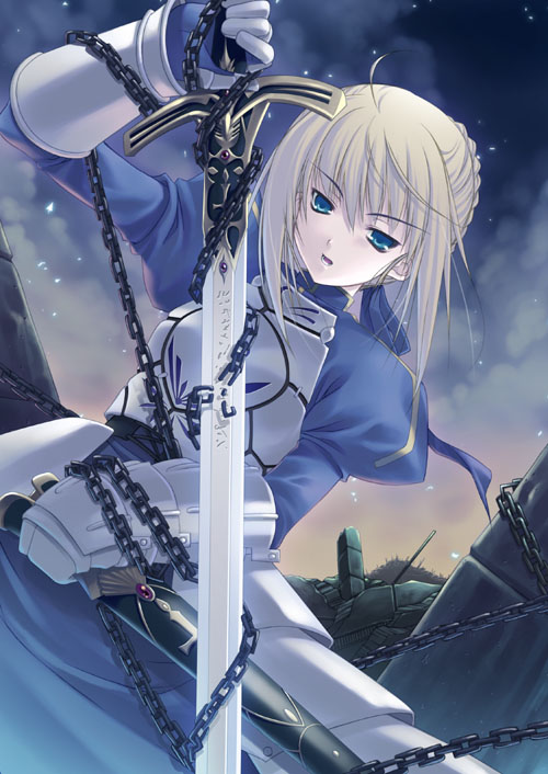 1girl ahoge armor blonde_hair blue_eyes caliburn chains clouds dress fate/stay_night fate_(series) gauntlets hair_ribbon keg open_mouth outdoors ribbon saber scabbard sheath short_hair sky solo star_(sky) starry_sky sword unlimited_art_works weapon