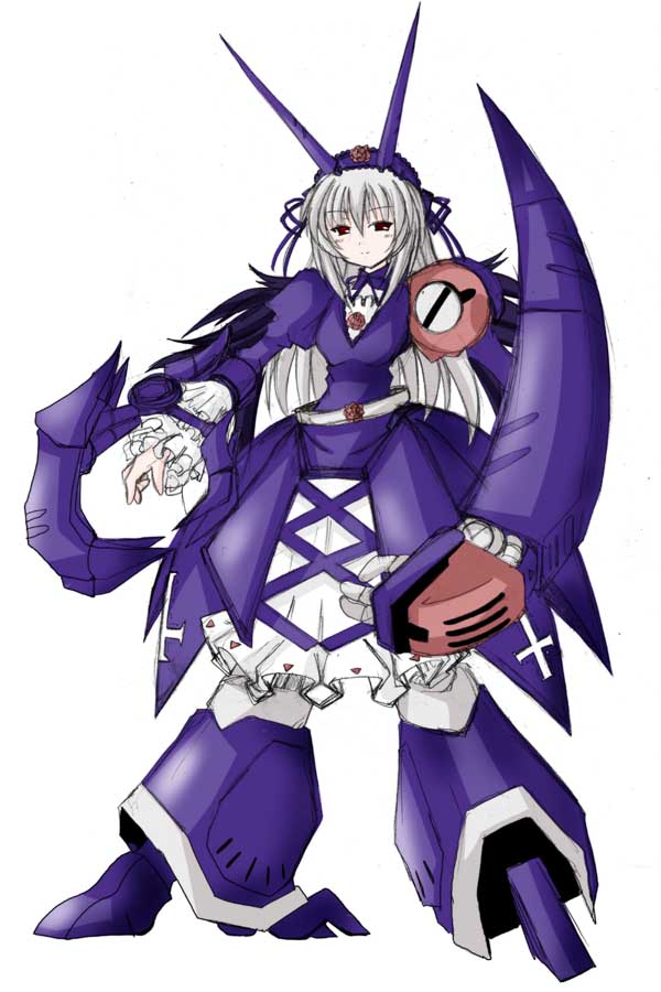 00s 1girl baund_doc belt cross dress flower frills full_body gundam hairband inverted_cross long_hair looking_at_viewer mecha mecha_musume red_eyes rose rozen_maiden silver_hair solo standing suigintou zeta_gundam