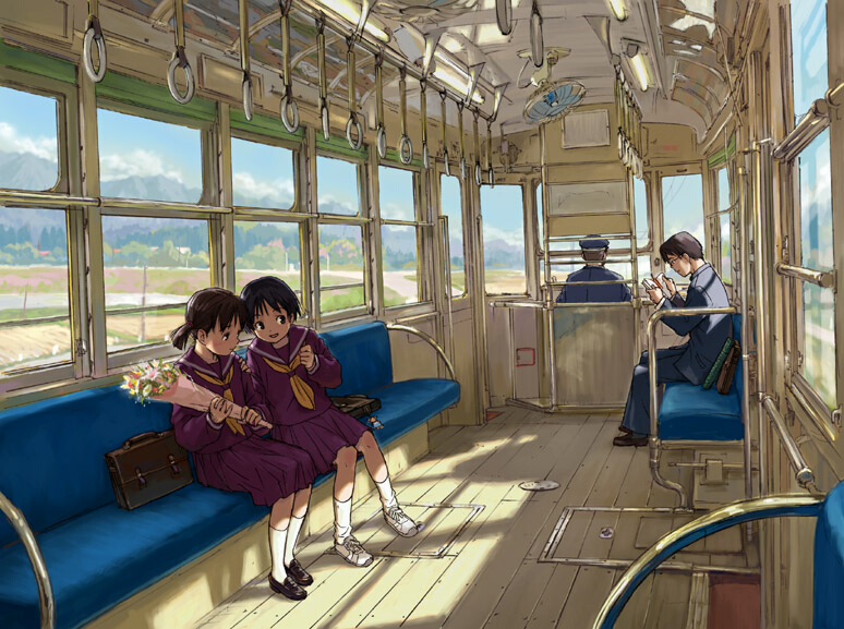 2girls bag book bouquet brown_hair bus bus_interior electric_fan fan flower ground_vehicle motor_vehicle multiple_girls naruko_hanaharu original pleated_skirt reading school_bag school_uniform serafuku short_hair sitting skirt socks sunlight train train_interior vehicle window