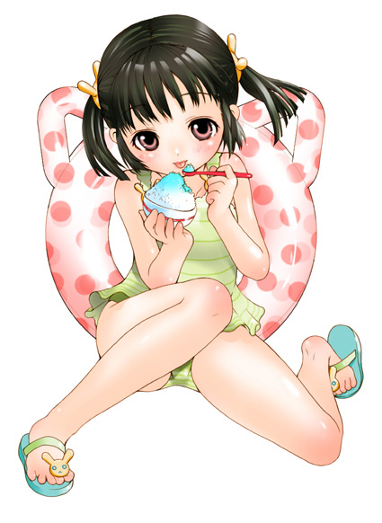 1girl black_hair casual_one-piece_swimsuit child copyright_request eating feet innertube inuburo one-piece_swimsuit original pink_eyes sandals shaved_ice short_hair short_twintails simple_background sitting solo swimsuit twintails white_background