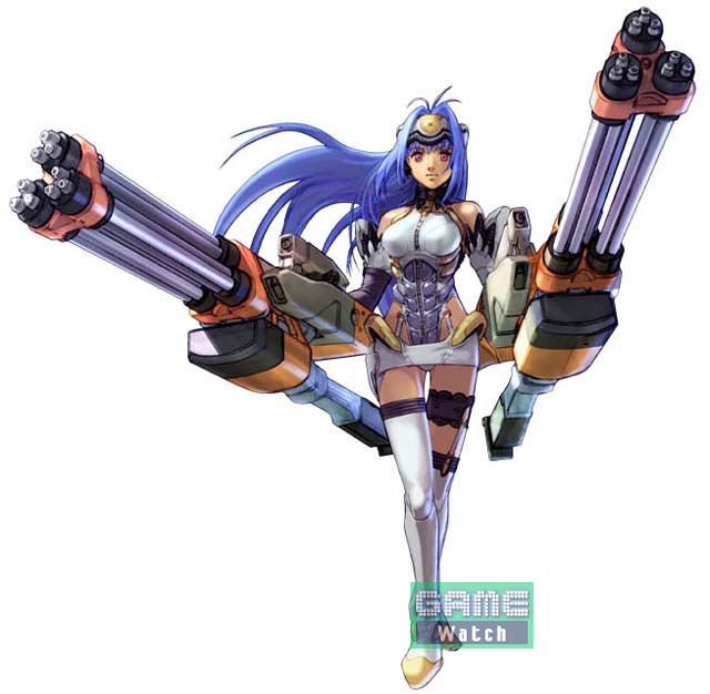 1girl blue_hair breasts dual_wielding gatling_gun gun hands_on_hips huge_weapon kos-mos long_hair namco_x_capcom red_eyes solo thigh-highs watermark weapon white_legwear xenosaga xenosaga_episode_i you_gonna_get_raped