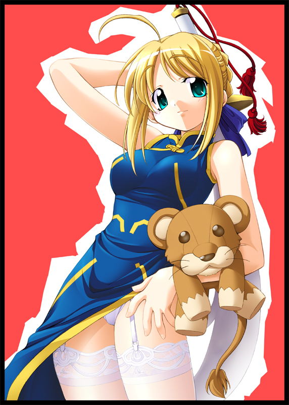 1girl artoria_pendragon_(all) blonde_hair china_dress chinese_clothes dress fate/stay_night fate_(series) garter_belt garters lace lace-trimmed_thighhighs lingerie lion panties pantyshot pantyshot_(standing) r-gray saber solo standing stuffed_animal stuffed_lion stuffed_toy thigh-highs underwear white_legwear white_panties zettai_ryouiki