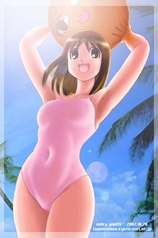 00s 1girl 2002 :d armpits azumanga_daioh ball beachball brown_eyes brown_hair casual_one-piece_swimsuit chiyo_chichi curvy happy kasuga_ayumu lens_flare navel one-piece_swimsuit open_mouth palm_tree pink_background pink_swimsuit sky smile solo sunlight swimsuit tappi tree wide_hips