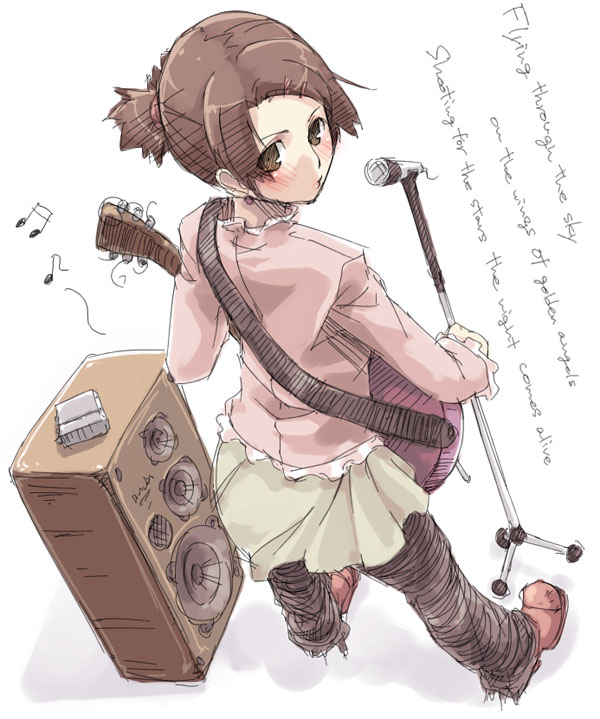 1girl electric_guitar english face from_behind guitar instrument kyo_(kuroichigo) looking_back microphone microphone_stand music musical_note original quaver sketch solo speaker