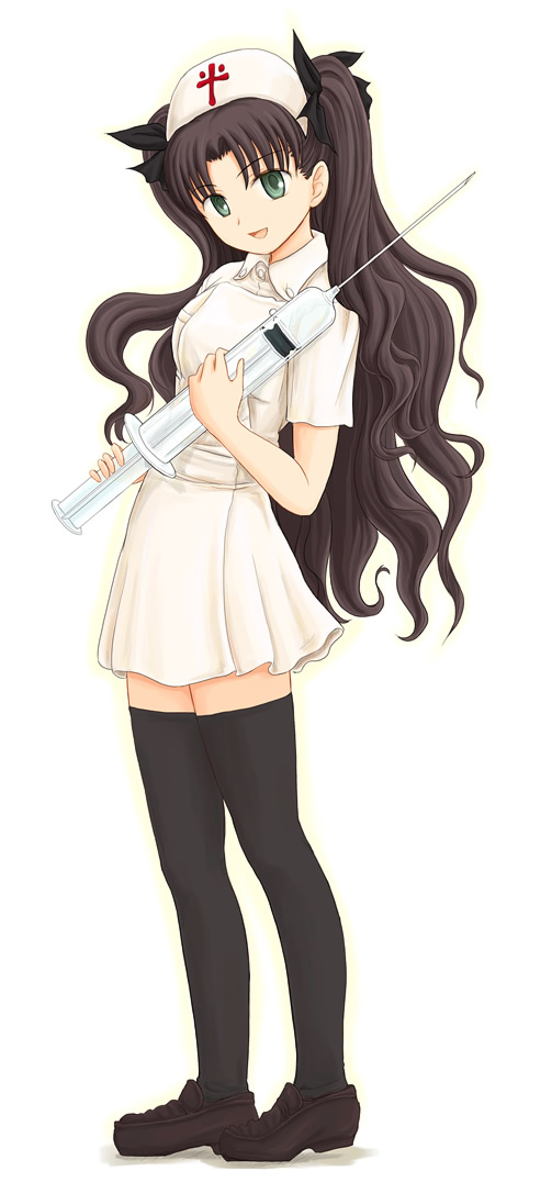 1girl black_legwear fate/stay_night fate_(series) large_syringe legs long_image nurse oversized_object ryp solo syringe tall_image thigh-highs tohsaka_rin twintails two_side_up zettai_ryouiki