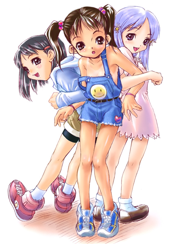 3girls :o back-to-back belt bike_shorts bikini_tan black_eyes black_hair blue_eyes blue_hair blush bob_cut bracelet child denim dress embarrassed flat_chest footwear hair_bobbles hair_ornament hairclip happy heart hood hoodie jewelry kawata_hisashi legs locked_arms long_hair looking_back multiple_girls naked_overalls open_mouth original overalls pink_eyes shoes short_hair smile smiley_face sneakers socks standing strap_slip surprised tan tanline thigh_gap torn_clothes twintails