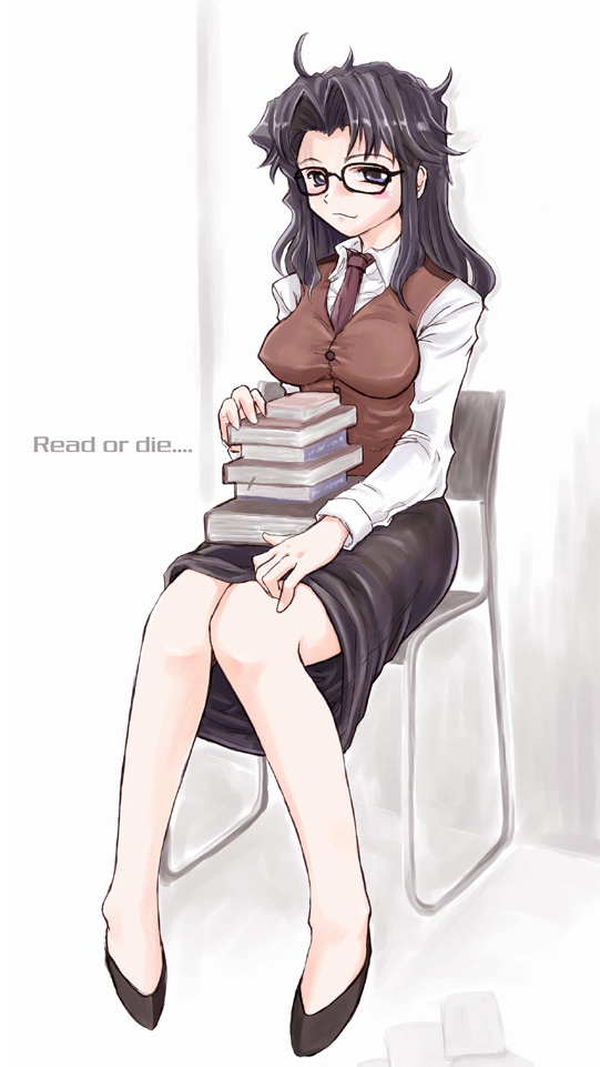 00s 1girl black_hair blue_eyes blush book book_stack chair copyright_name glasses looking_at_viewer messy_hair necktie read_or_die sitting skirt smile solo vest yomiko_readman