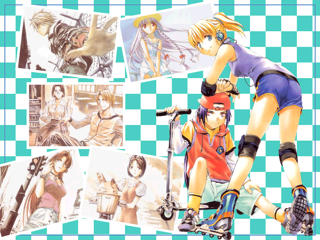 3boys 5girls antenna_hair azmaria_hendric backwards_hat baseball_cap basket belt bent_over bicycle black_hair blonde_hair blouse blue_eyes bracelet braid camisole can casual chair checkered checkered_background choker chrno_crusade chrono cross denim dress earphones elbow_pads everyone ewan_remington fiore from_behind glasses groceries ground_vehicle hair_ribbon hat hood hoodie inline_skates jacket jeans jewelry kadokawa_shoten kate_valentine knee_pads leather leather_jacket long_hair looking_back moriyama_daisuke motor_vehicle multiple_boys multiple_girls necklace official_art pants pince-nez pink_eyes ponytail purple_hair red_eyes redhead ribbon ring roller_skates rosette_christopher satella_harvenheit scooter shirt shoes short_hair short_shorts shorts sitting skates skirt sleeveless sleeveless_shirt smile sneakers socks spiky_hair studded_belt sundress table tress_ribbon twin_braids vehicle very_long_hair wallpaper white_hair wind