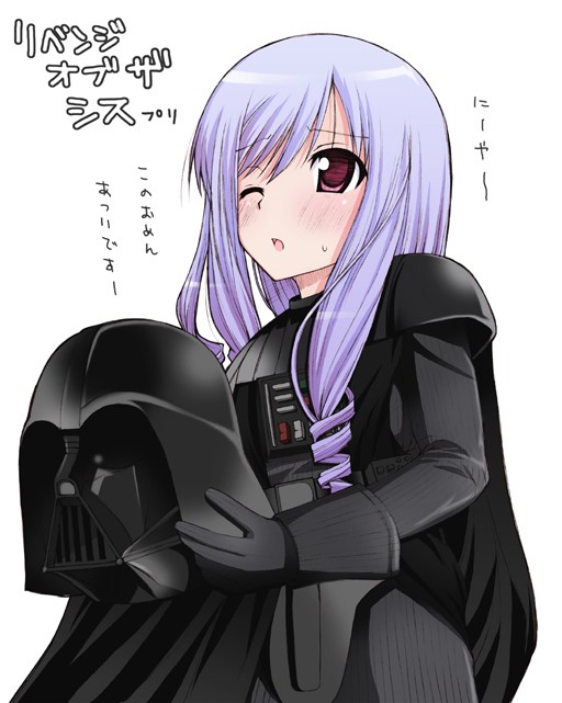 1girl aria_(sister_princess) cosplay crossover darth_vader darth_vader_(cosplay) gloves long_hair mask mask_removed one_eye_closed open_mouth parody purple_hair simple_background sister_princess solo star_wars translated translation_request unmask white_background yatsune_rika