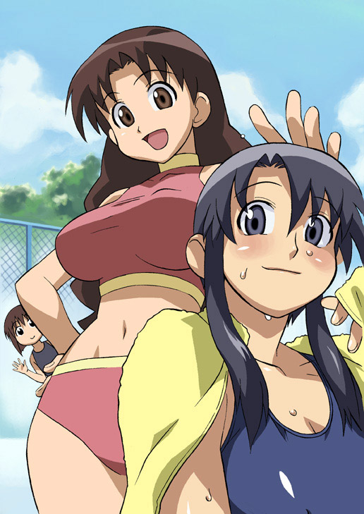 3girls age_difference azumanga_daioh bikini black_eyes black_hair blush breasts brown_eyes brown_hair chain-link_fence child cirima clouds fence hand_on_hip happy hips kaori_(azumanga_daiou) kurosawa_minamo large_breasts long_hair multiple_girls navel one-piece_swimsuit outdoors peeking school_swimsuit short_hair sidelocks sky smile sports_bikini swimsuit tanizaki_yukari tankini towel volvox waving wet