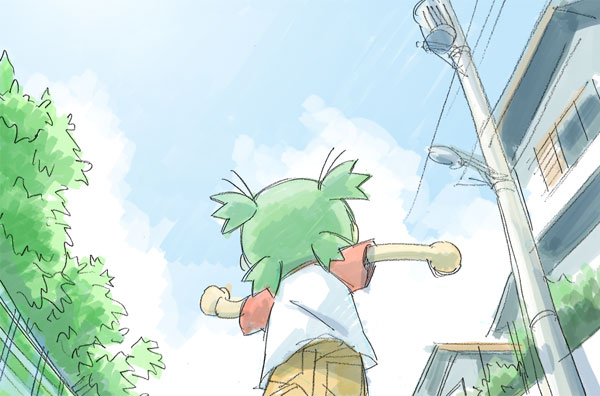 1girl azuma_kiyohiko blue_sky child from_behind from_below green_hair koiwai_yotsuba outdoors quad_tails raglan_sleeves running sketch sky solo telephone_pole yotsubato!