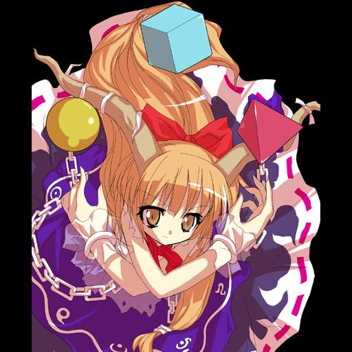 1girl alphes bad_anatomy black_background chains cube female horns ibuki_suika jpeg_artifacts long_hair official_art oni orange_hair pillarboxed pyramid ribbon scarlet_weather_rhapsody simple_background smile solo sphere tetrahedron touhou yellow_eyes