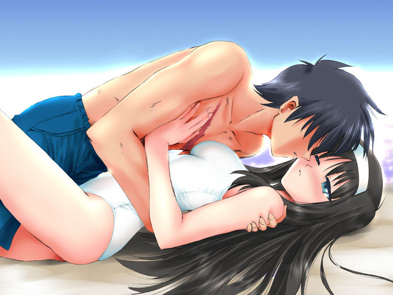 00s 1boy 1girl black_hair brother_and_sister couple faceless faceless_male green_eyes hairband hand_on_another's_chest hetero hug incest incipient_kiss one-piece_swimsuit scar siblings swim_trunks swimsuit tohno_akiha toono_shiki tsukihime type-moon white_swimsuit wink