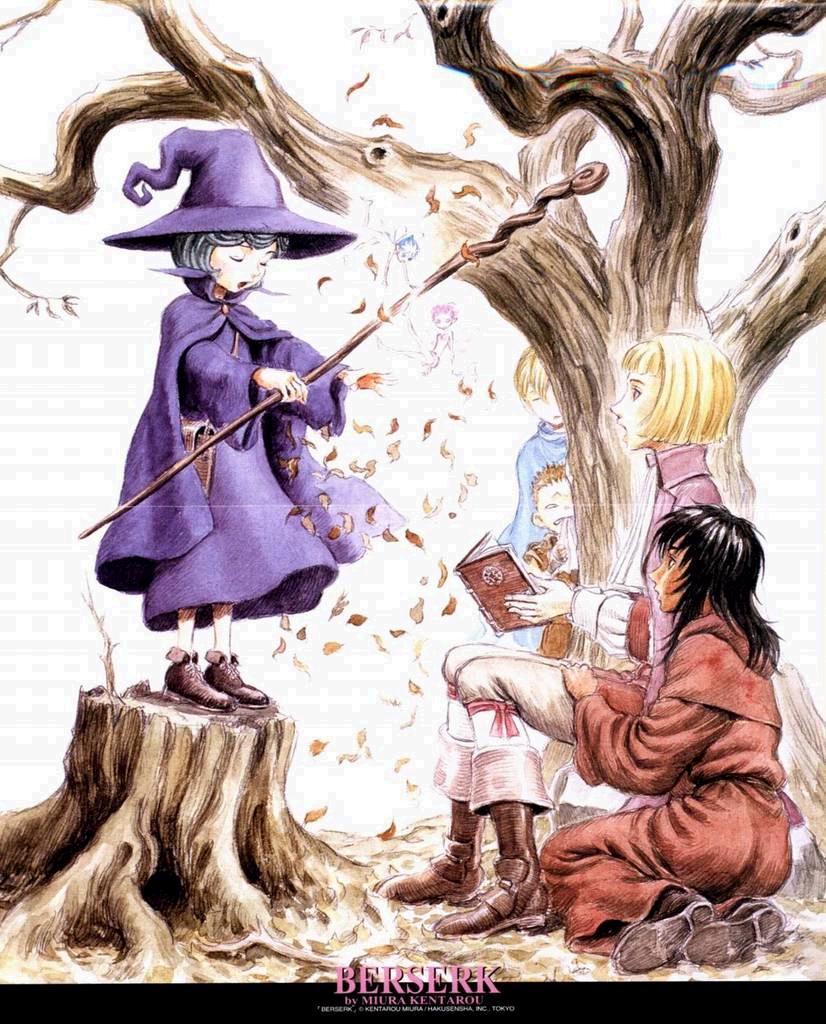 3girls 4boys 90s bare_tree berserk casca evarella fairy farnese hat ishidro isidro ivalera jpeg_artifacts leaf magic multiple_boys multiple_girls outdoors puck schierke serpico staff tree tree_stump under_tree witch witch_hat