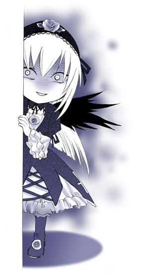 00s 1girl angry aura black_wings chibi dress flower hairband kitano_tomotoshi long_hair monochrome peeking_out rose rozen_maiden shaded_face solo suigintou very_long_hair wings