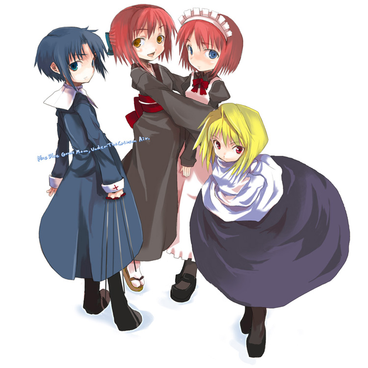 00s 4girls apron arcueid_brunestud bad_anatomy bad_proportions between_fingers blonde_hair blue_dress blue_eyes blue_hair bow ciel cross dress full_body habit hair_bow hisui hug japanese_clothes kimono kohaku leaning_forward long_skirt looking_at_viewer looking_back maid maid_apron maid_headdress multiple_girls obi obscur pantyhose poorly_drawn purple_skirt red_eyes redhead sash short_hair siblings simple_background sisters skirt standing sweater tsukihime turtleneck twins yellow_eyes